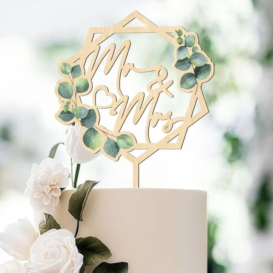 Mr & Mrs Cake Topper Groene houten taarttopper voor bruiloftstaarten Decoratieve taartstekker voor huwelijk jubileum verloving feestelijke taartdecoratie vierkante vorm