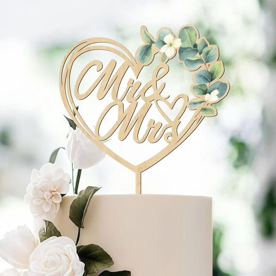 Mr & Mrs Cake Topper Houten Bruidstaart Topper Bruiloft Taart Decoratie Taartprikker voor Huwelijk Jubileum Verloving Aanzoek Feest Taartdecoratie Hartvorm