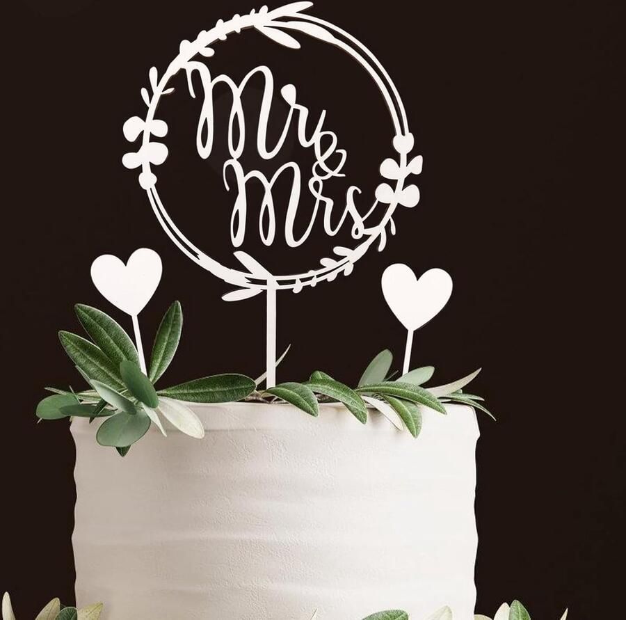 Mr & Mrs decoratieve bruiloftstaart wit 3 stuks houten taarttoppers bruiloft taartdecoratie bruiloft Mr en Mrs taartsteker bruiloftstaarttopper taartdecoratie voor verlovingsaanzoek