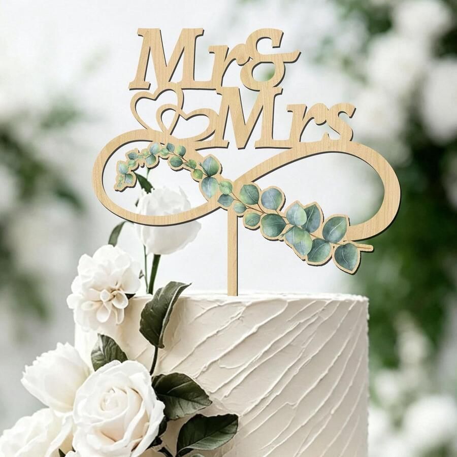 Mr en Mrs Houten Bruidstaart Topper met Groene Blad Oneindige Hartvorm Vers Gekoppeld Taartdecoratie voor Bruiloft Jubileum Verloving Vrijgezellenfeest