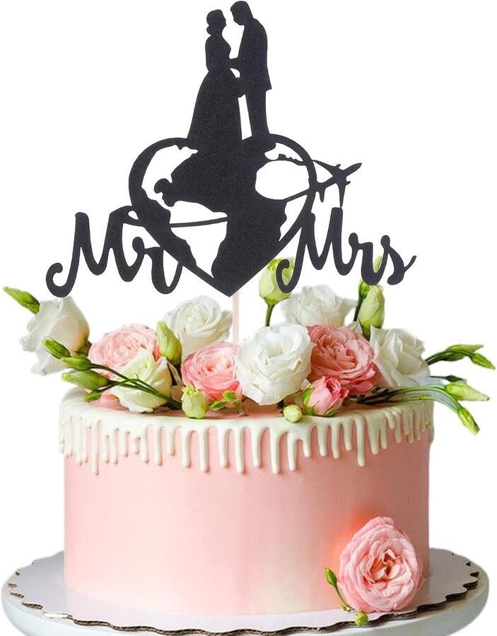 Mr en Mrs Taarttopper Kaart Bruiloft Verloving Bruids Douche Cake Bruid en Bruidegom Verjaardag Party Taartdecoratie Zwarte Glitter