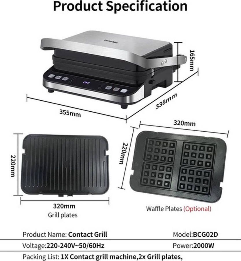 Mrs. Jones Grill apparaat Contactgrill 2000 watt Digitale display Opent volledig Gourmetstel Anti aanbak