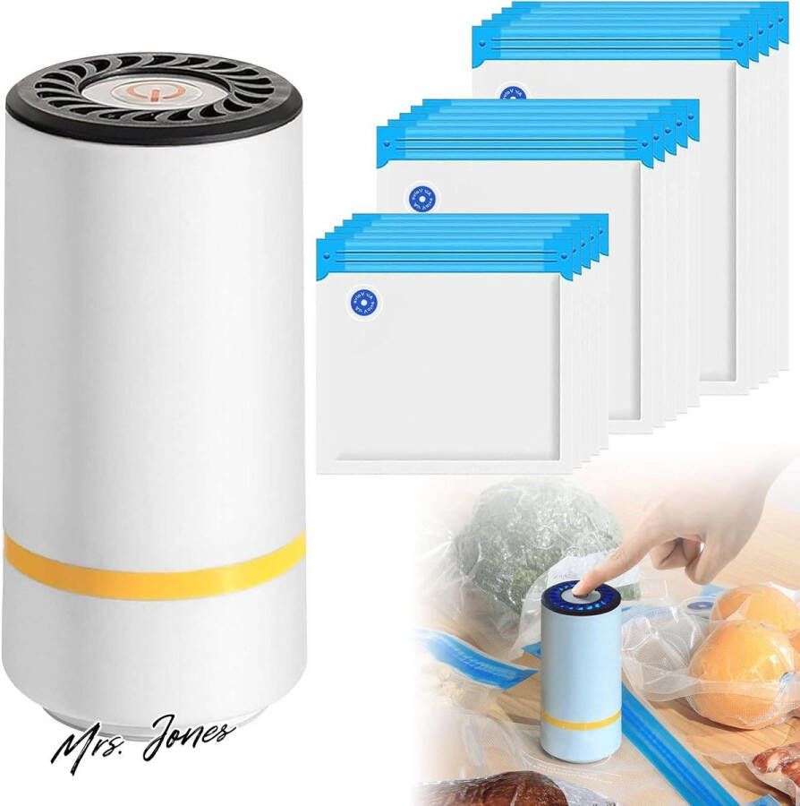 Mrs. Jones Premium Collection Vacuümsealer 15 vacuümzakken Handvacuümpomp Elektrisch Herbruikbaar Oplaadbaar Wit