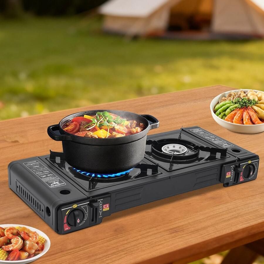 MS Fornuis Gasfornuis-2-branders draagbaar kampeerfornuis- draagtas voor RV buiten picknick BBQ