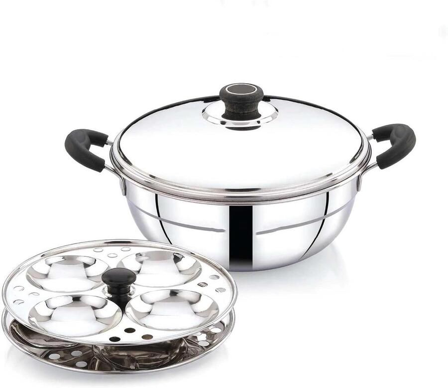 Multi-Function Kadai Idli Maker Koken en Stomen Roestvrij Staal 15 Liter Zilverkleurig