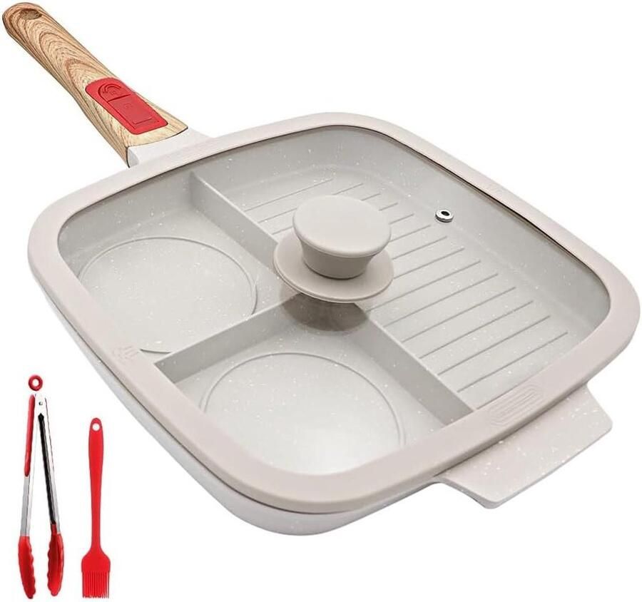Multi Grillpan Braadpan Deksel Gelijk Koken Drie Vakken 26 x 24 cm Wit