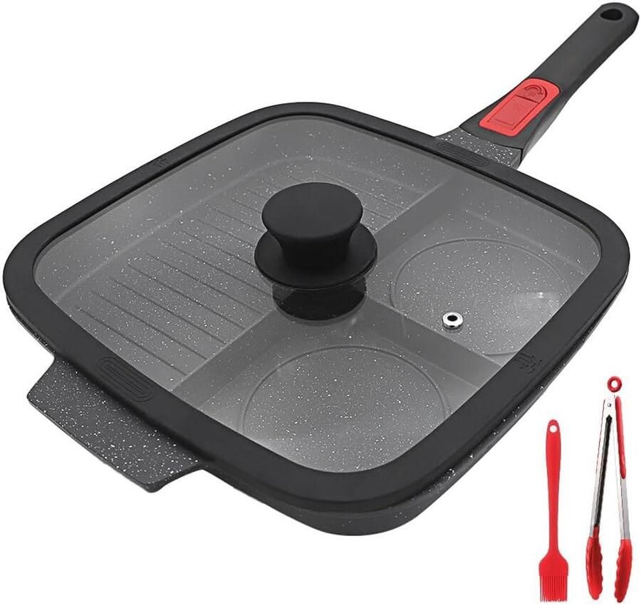 Multi Grillpan met Deksel en Afneembare Handgreep 3-in-1 Inductie Steakpan in Zwart