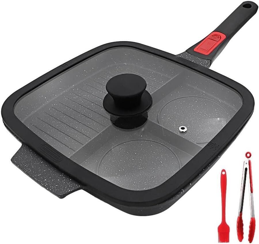 Multi Grillpan Ontbijtpan Braadpan Gezond Koken 3-in-1 Inductie 26 x 24 cm Zwart