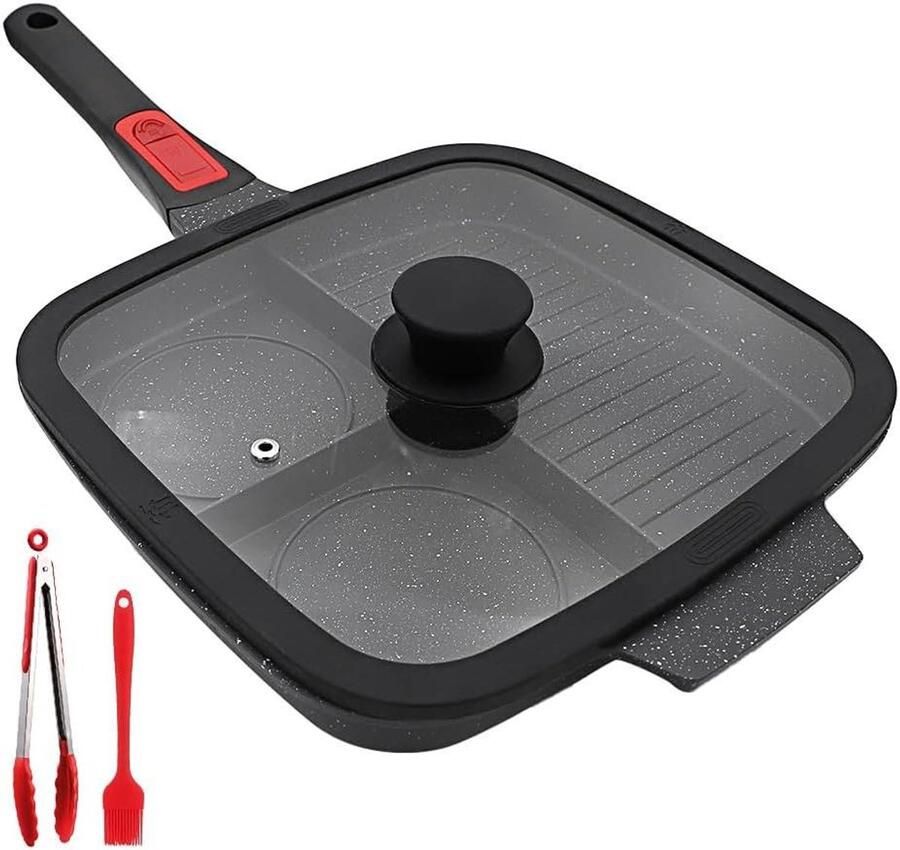 Multi Grillpan Ontbijtpan Braadpan Meerdere Gerechten Bereiden 3-in-1 Design 26 x 24 cm Zwart
