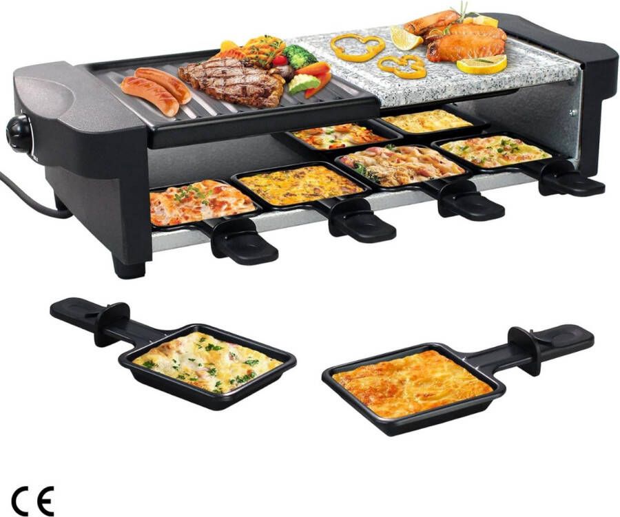 Multifunctioneel Raclette-apparaat voor 8 Personen 3-in-1 Raclettegrill met 1200 W Vermogen en 8 Pannen met natuurlijke grillsteen & antiaanbak grillplaat zwart