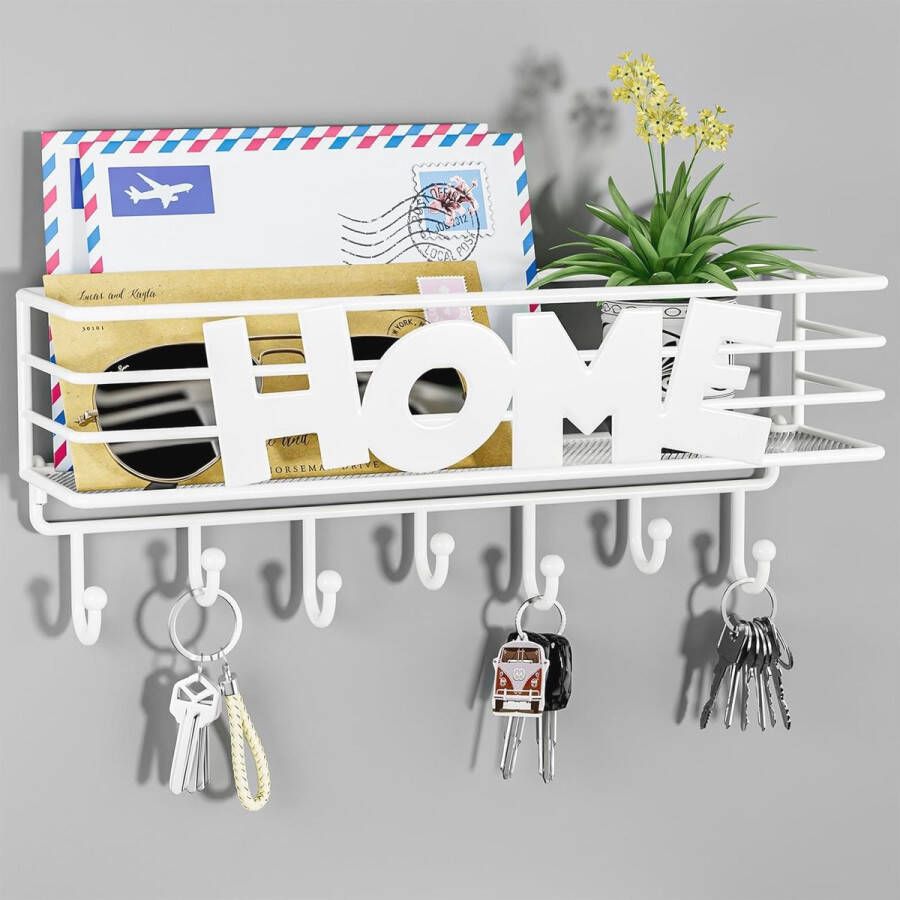 Multifunctioneel Sleutelrek met Plank en 7 Haken voor Wandmontage – Perfect voor Hal Slaapkamer en Keuken