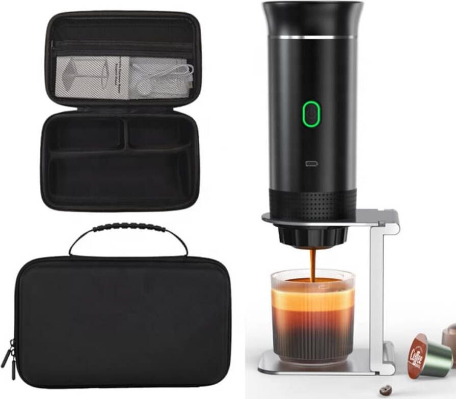 Nova Loom Draagbaar Espressomachine Pro inclusief Travelbag en houder voor auto thuis en camping Multifunctionele 3-in-1 draagbare elektrische reiskoffieapparaat Capsule cups en Poeder Zwart draadloos makkelijk oplaadbaar - Foto 2
