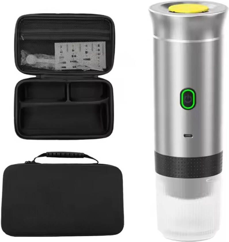 Nova Loom Draagbare Espressomachine inclusief Travelbag en houder voor auto thuis en camping Multifunctionele 3-in-1 draagbare elektrische reiskoffieapparaat Capsule cups en Poeder licht grijs draadloos makkelijk oplaadbaar