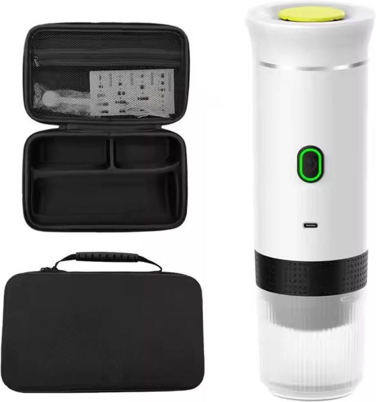 Nova Loom Draagbare Espressomachine inclusief Travelbag en houder voor auto thuis en camping Multifunctionele 3-in-1 draagbare elektrische reiskoffieapparaat Capsule cups en Poeder Wit draadloos makkelijk oplaadbaar