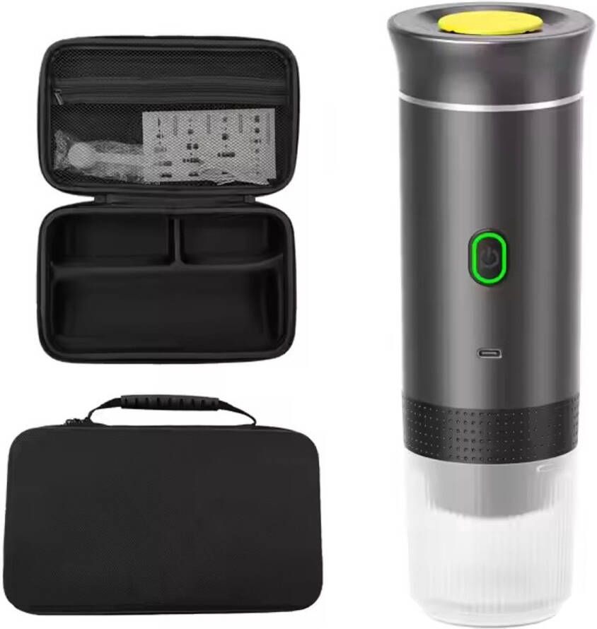 Nova Loom Draagbare Espressomachine inclusief Travelbag en houder voor auto thuis en camping Multifunctionele 3-in-1 draagbare elektrische reiskoffieapparaat Capsule cups en Poeder Donker grijs draadloos makkelijk oplaadbaar
