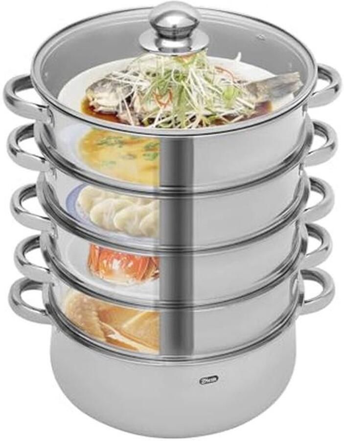 Multifunctionele 5-laagse Stoompan 28 cm van Roestvrij Staal met Glazen Deksel