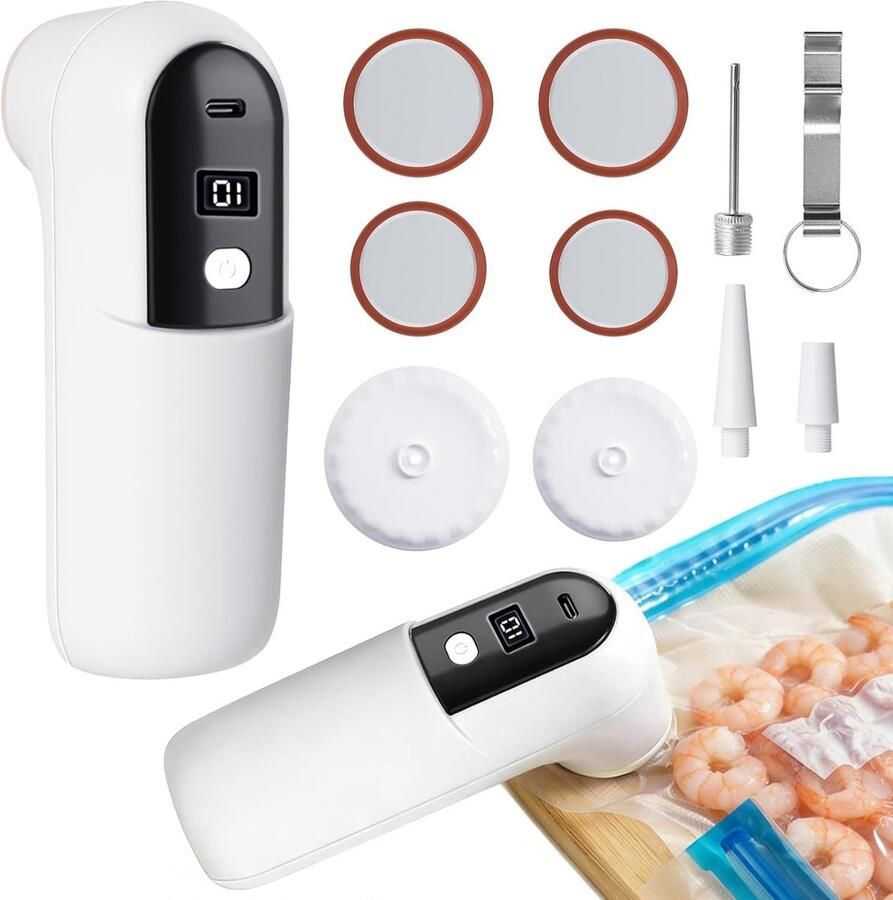 Multifunctionele 6-in-1 Mini Handstofzuiger voor Inpakken van Blikken Inclusief 4 Lids en 3 Opzetstukken Ideaal voor Vacuumzakken Luchtbedden en Snelle Inflatie