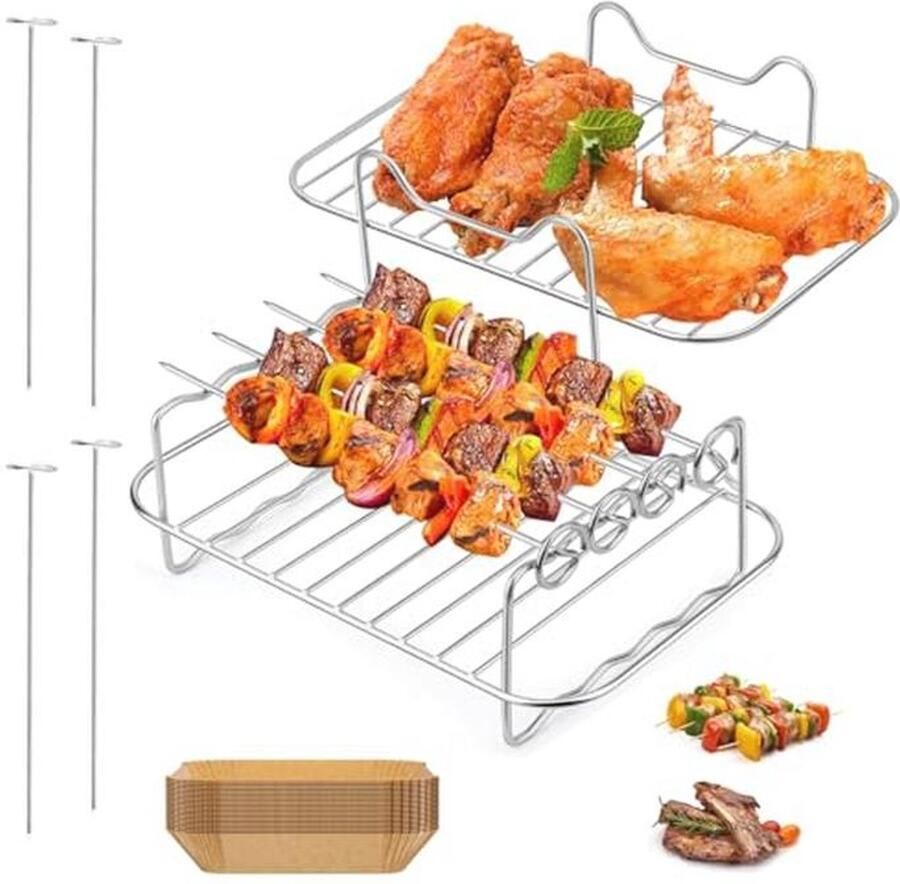 Multifunctionele Airfryer Accessoires Set Grillrooster Stoomrek en Siliconen Oliepapier (50 Stuks)