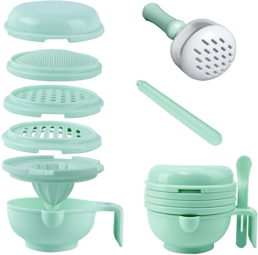 Multifunctionele draagbare babyvoedselmaalapparaat set uitgerust met stampbak handstamper citruspers en rasp voor het bereiden van babyhapjes