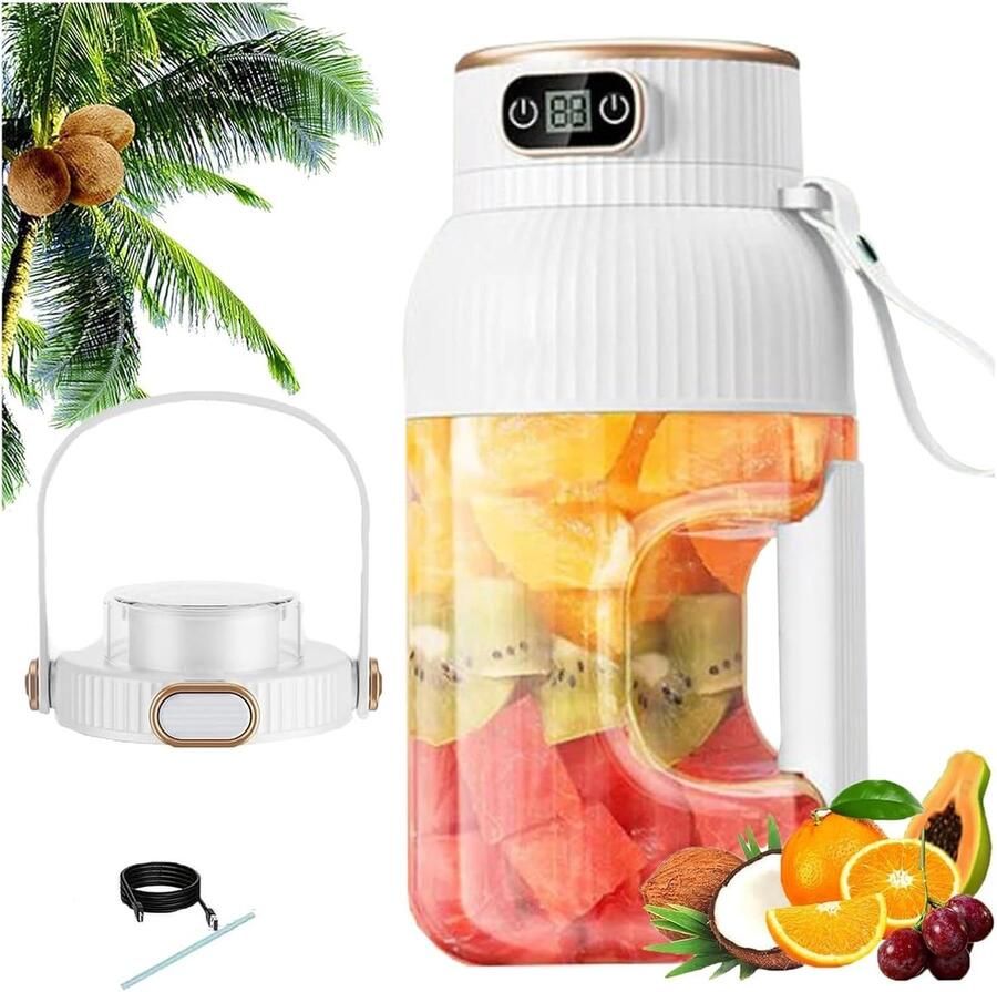 Multifunctionele draagbare sapcentrifuge met digitaal display smoothieblender voor onderweg oplaadbare blender met grote capaciteit voor shakes smoothies fruit en groenten (wit)