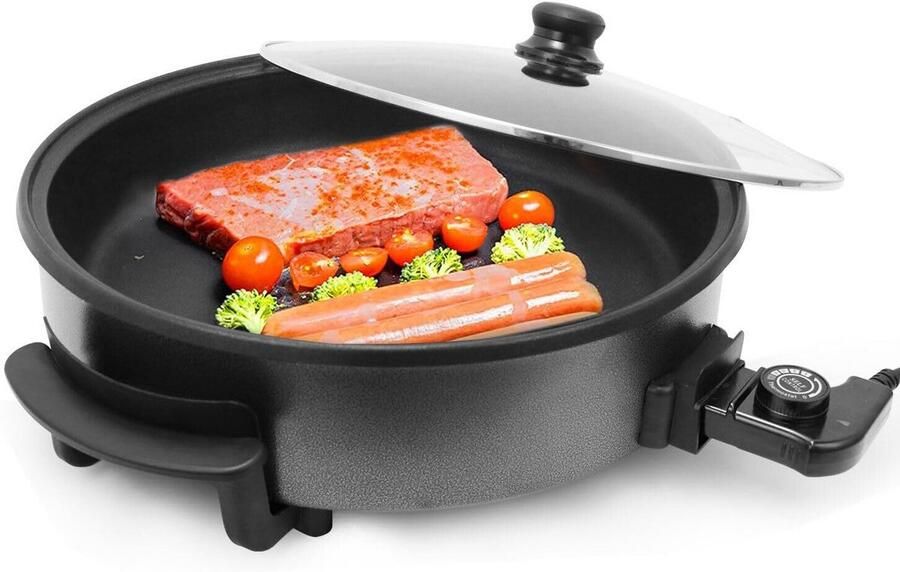 Elektrische Pan Partypan Braadpan Feestjes Eten Bereiden Traploze Temperatuurinstelling 42 cm Diameter Zwart