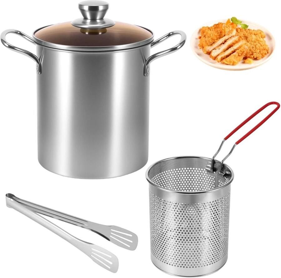 Multifunctionele Frituurpan Kookpan 3L RVS Pan met Frituurmand & Glasdeksel & Levensmiddelclip- Anti-aanbak & Vaatwasserbestendig Voor Inductie & Gas