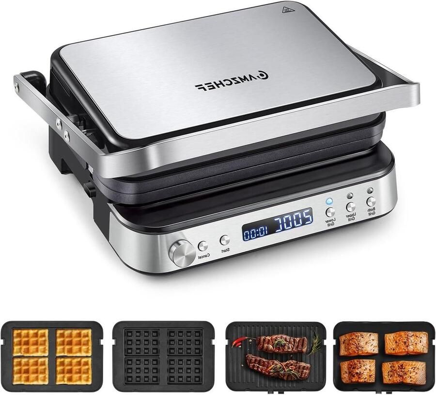 Multifunctionele Grill Contactgrill Wafelijzer Veelzijdig Koken 4 Afneembare Platen 2000 Watt Zwart Zilver