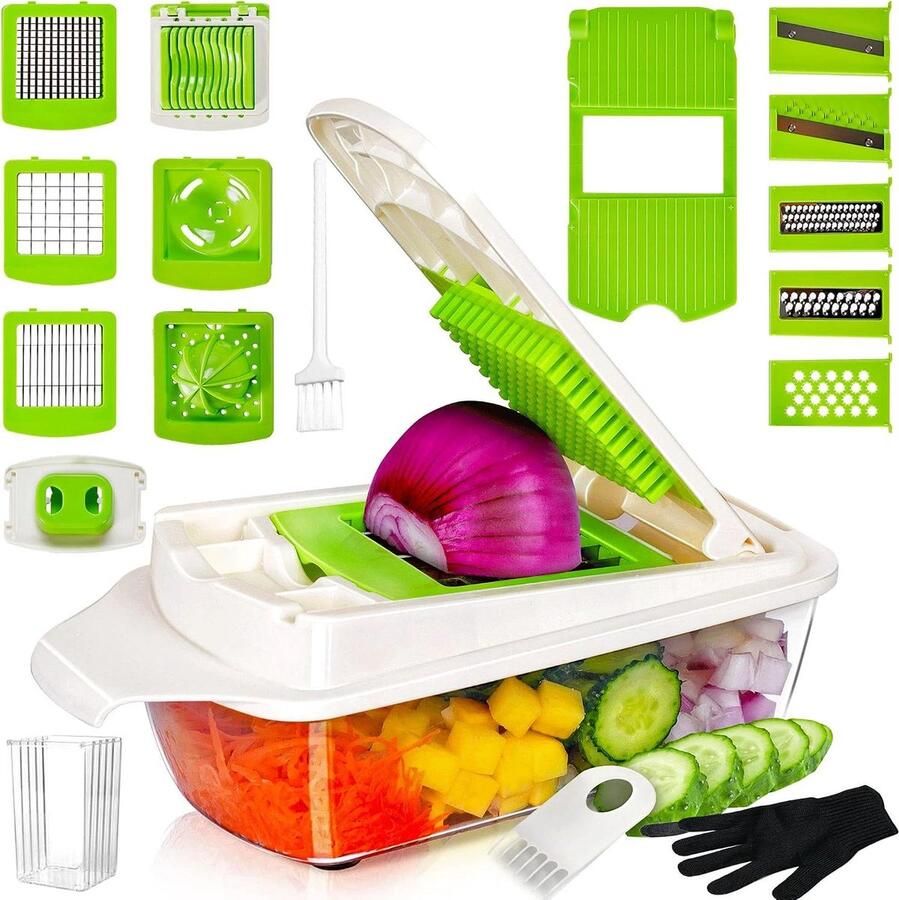 Multifunctionele Keukenmachine Groentesnijder Mandoline Maaltijd Voorbereiding 19-in-1 Wisselbare Messen 1.3 Liter Capaciteit Groen Wit