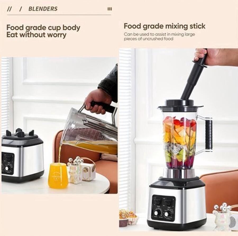 Multifunctionele Keukenmachine – Blender – Food Processor – Sapmaker – IJscrusher – Grote Inhoud 3L+1 5L+0 5L – Krachtige 9500W Motor – Stille Frequentie Technologie
