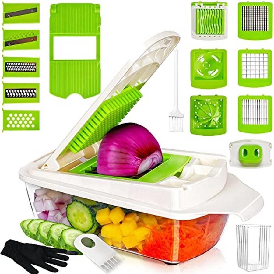 Multifunctionele Keukenmachine Groentesnijder Mandoline Maaltijd Voorbereiding 19-in-1 Wisselbare Messen 1.3 Liter Capaciteit Groen Wit