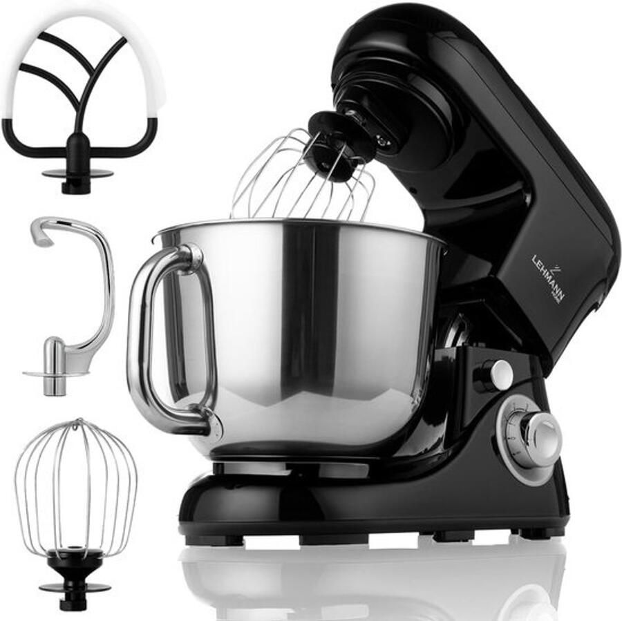 Multifunctionele Keukenmachine met Rvs Kom 5L 2200W 6 Snelheden Spatdeksel Deeghaak en Garde (Zwart)