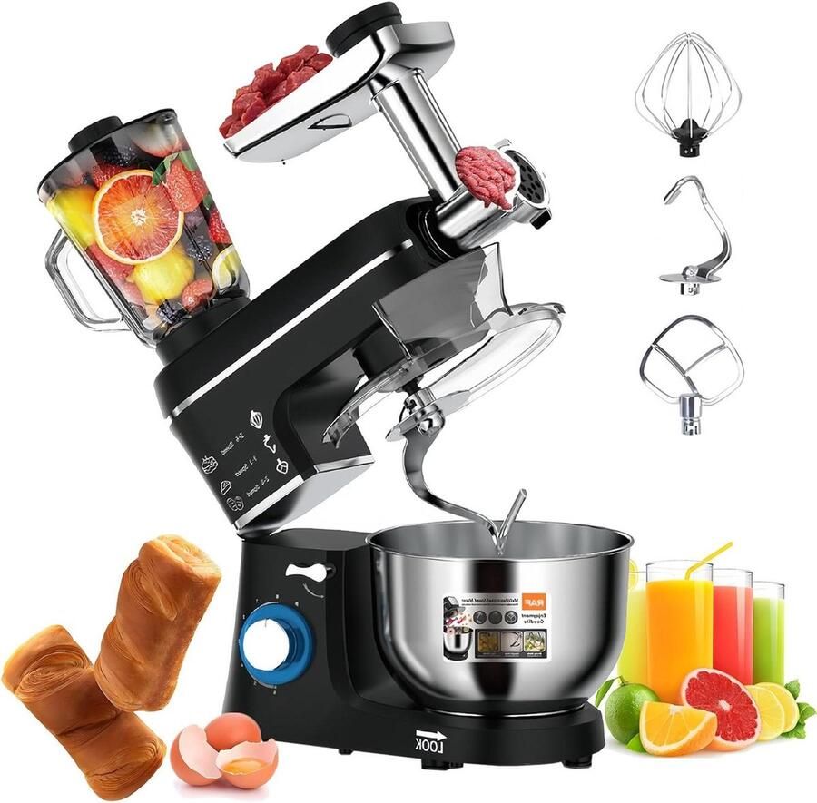 Multifunctionele Keukenmachine Standmixer Voedselmixer Bakken en Koken 5-in-1 Accessoires 10 Liter Zwart