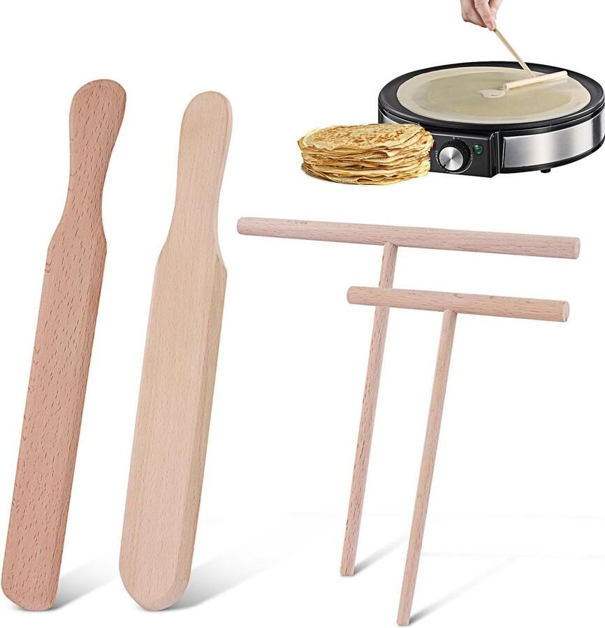 Pannenkoek Accessoires Keukengerei Set Pannenkoeken Bakken Natuurlijk Beukenhout 4 Delig Beige