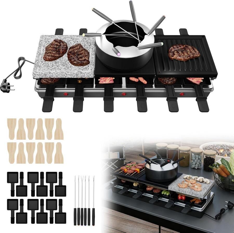 Multifunctionele Raclette en Tafelgrill voor 12 Personen Natuursteen en Antiaanbak