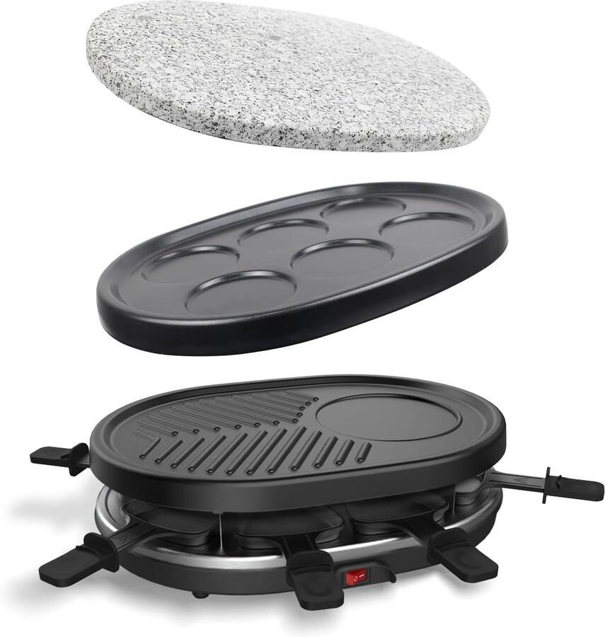 Multifunctionele Raclette Grill 4-in-1 voor 8 Personen met Steengrill en Pannen