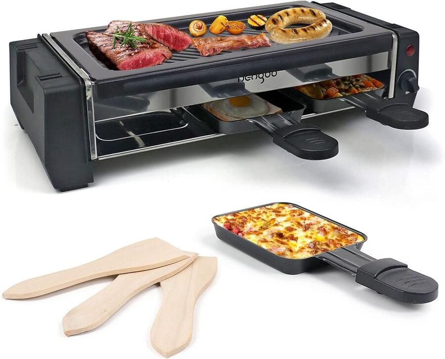Multifunctionele Raclette Grill voor 2-4 Personen met Gietijzeren Grillplaat en 3 Pannen – 700W