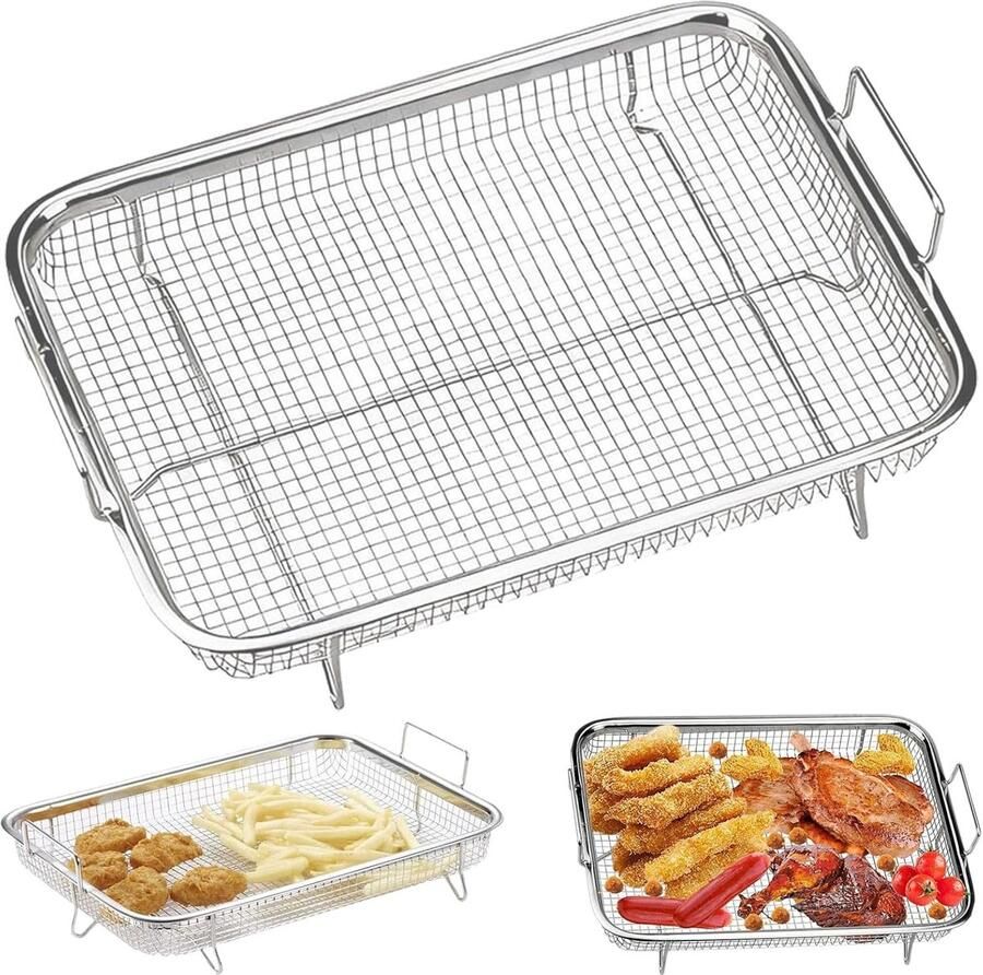 Multifunctionele RVS Grillmand met Handvat voor Gezond Bakken Frituren en Grillen in de Oven