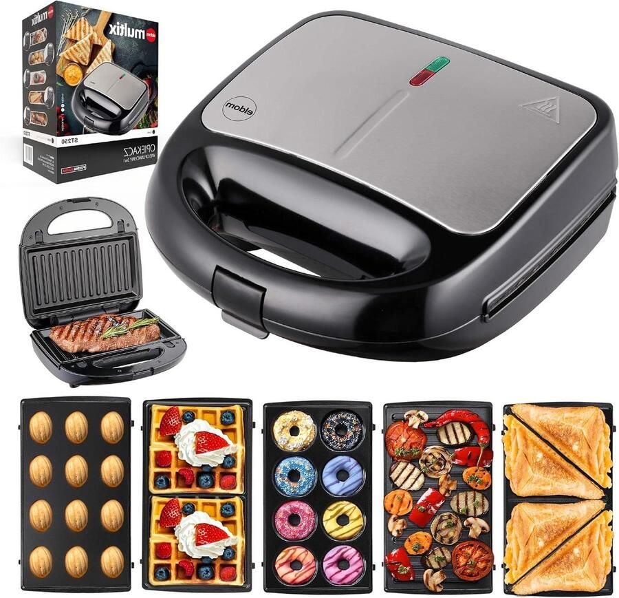Multifunctionele Sandwichmaker Wafelijzer Grill Snelle Maaltijden 5 Verwisselbare Platen 235 cm Zwart Zilver