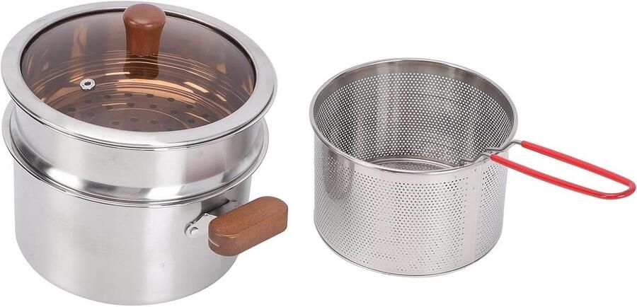 Multifunctionele Soeppan Kookpot Braadpan Koken en Braden Met Frituurmand 25x22x19 cm Zilver