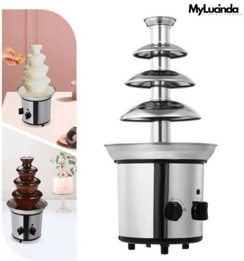 Mylucinda Luxe Chocoladefontein – XXL 4-Laags Fondue – Roestvrij Staal Met Warmhoudfunctie – Perfect Voor Feestjes & Desserts