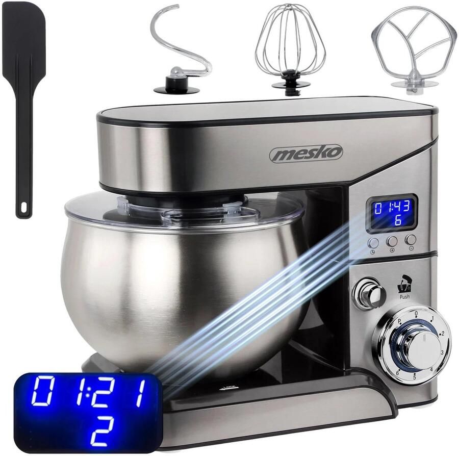 Nagedacht gedurende 12s Lunekiss Planetaire Keukenmachine 5L RVS Kom – 2000W Max – LCD Timer – Kantelkop – 6 Snelheden + Puls – 3 Opzetstukken