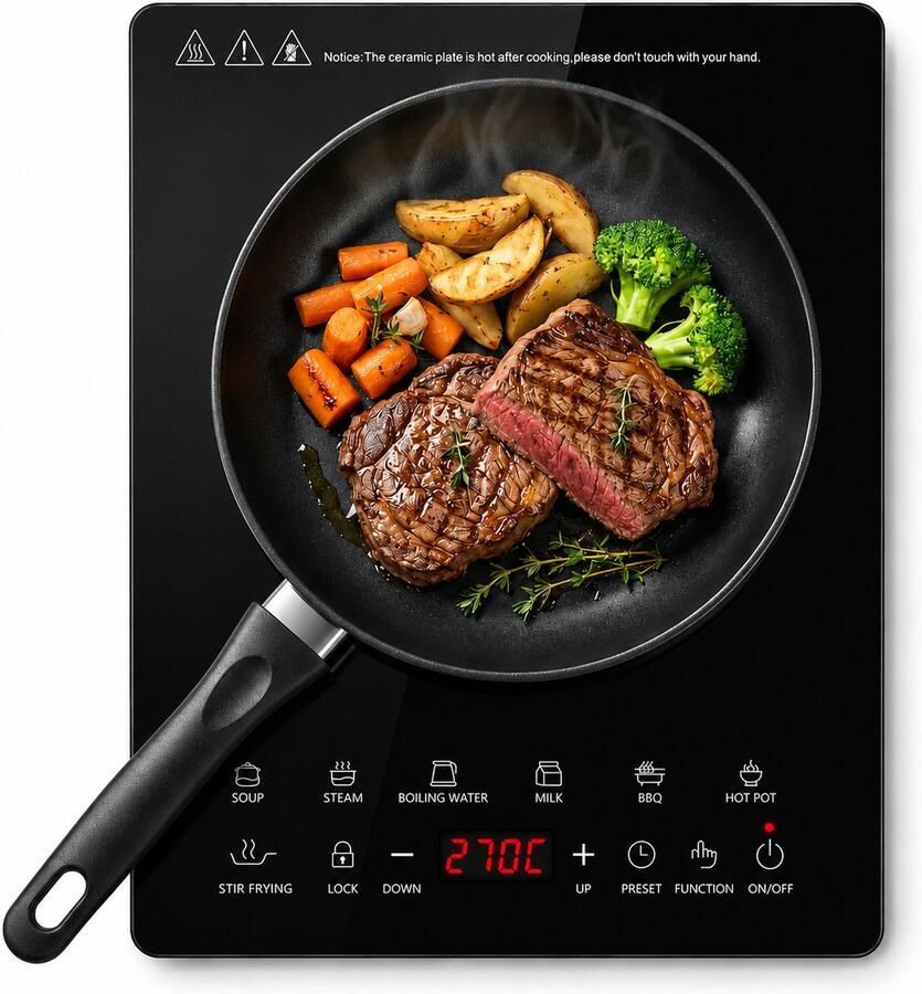 Nductiekookplaat 2000W – Draagbare Inductieplaat met 8 Vermogensstanden 60-270°C Temperatuurregeling 7 Kookprogramma's 3 Uur Timer Kinderbeveiliging Geschikt voor 12-26 cm Pannen Zwart