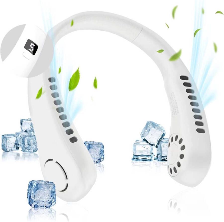 Nekventilator Oplaadbaar Unisex Draagbaar Handsfree en bladloos Persoonlijke koelventilator met LED-display 5 snelheden Draagbare hangventilator Voor reizen wandelen sporten koken Wit