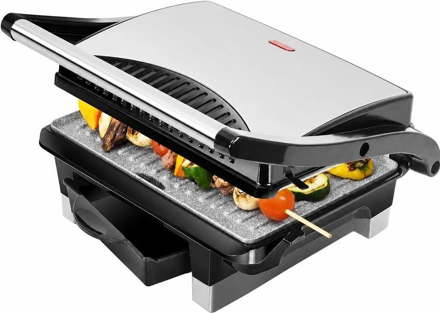 Noeá multifunctionele elektrische grill 1000W Anti aanbakplaten Zwart Metalen afwerking 220-240V Panini en sandwichpers Uitneembare lekbak