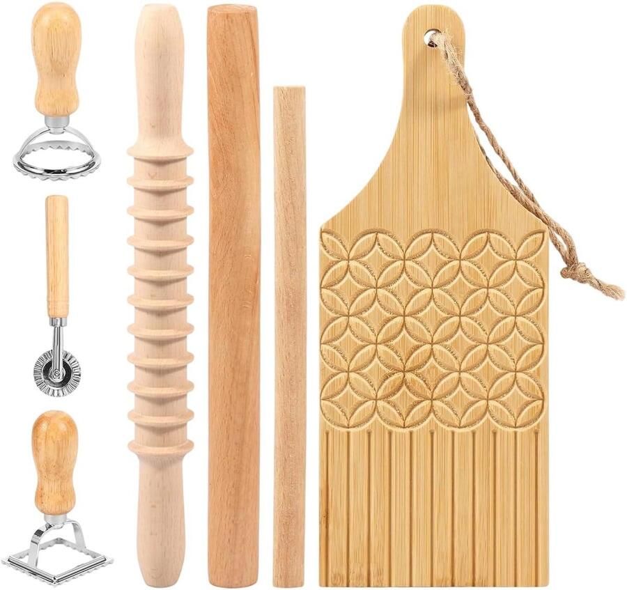 Noedelsnijder Set Pastamaker Hulpmiddel Zelf Pasta Maken Ergonomische Handgreep 7 Stuks Natuurlijk Hout