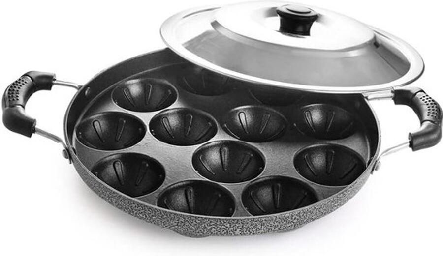 Non-Stick Appam Pan Maker voor Paniyaram Takoyaki en Aebleskiver 23cm Zwart