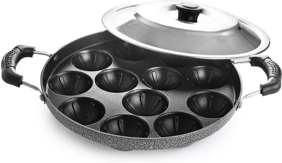 Non-Stick Appam Pan Maker voor Paniyaram Takoyaki en Aebleskiver 23cm Zwart