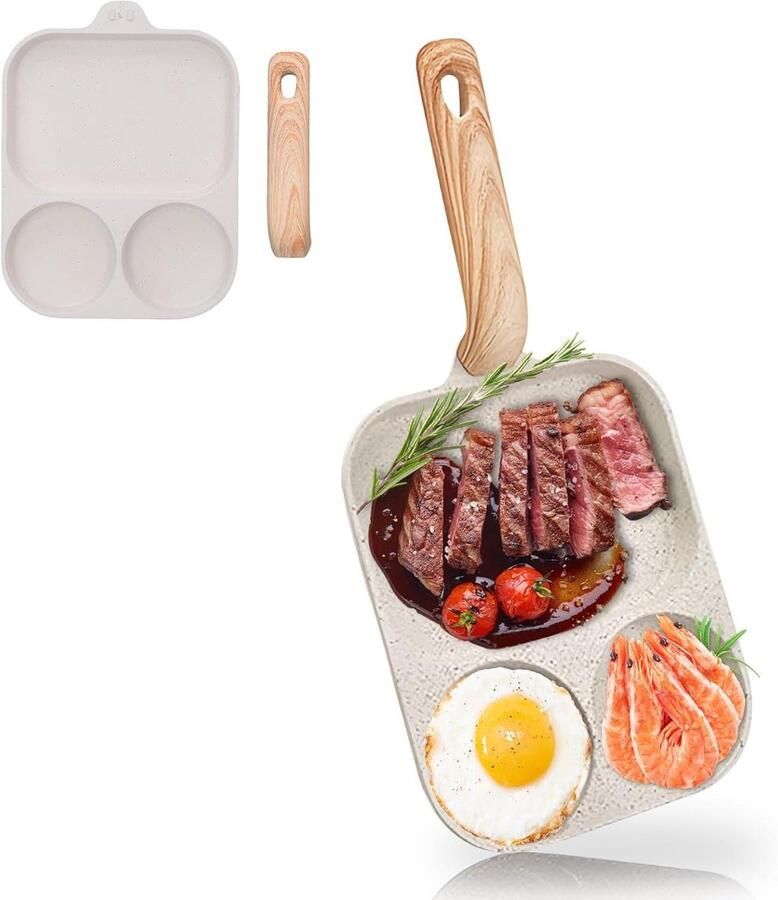 Nonstick Eierpan Grillpan Ontbijt Snel Ontbijt Maken 3-delige Vakscheiding 40 x 19 cm Wit