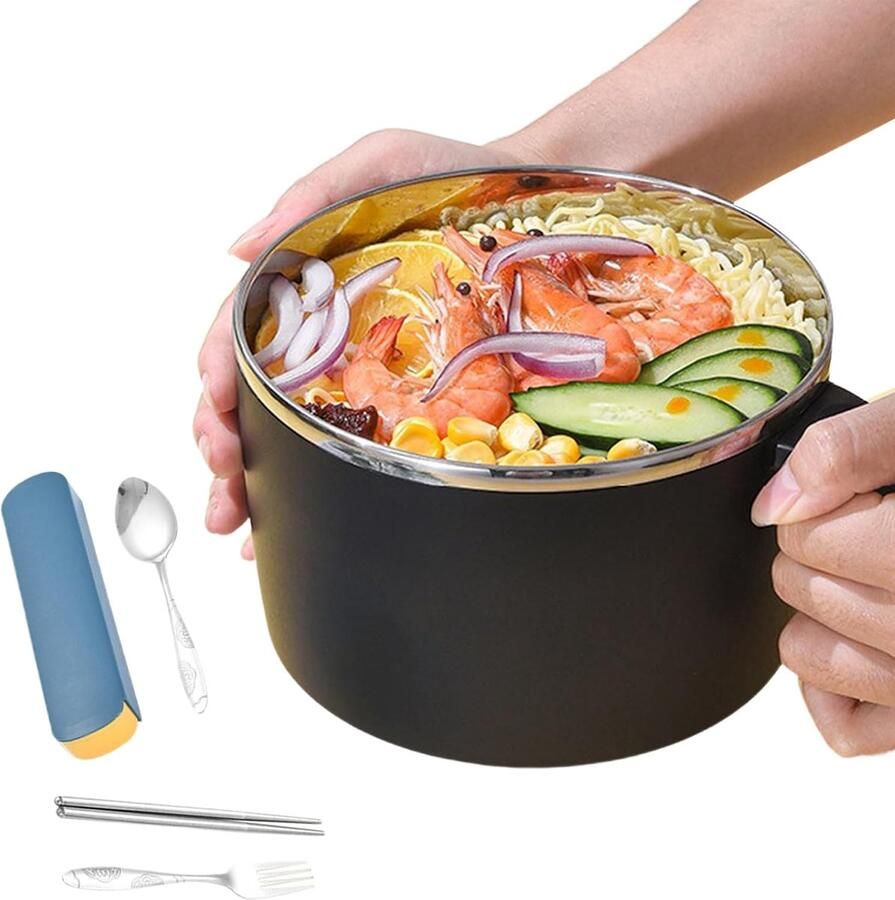 Noodle Kom Pastakoker Lunchbox Maaltijd Meenemen Dubbelwandig Geïsoleerd 1350ml Zwart