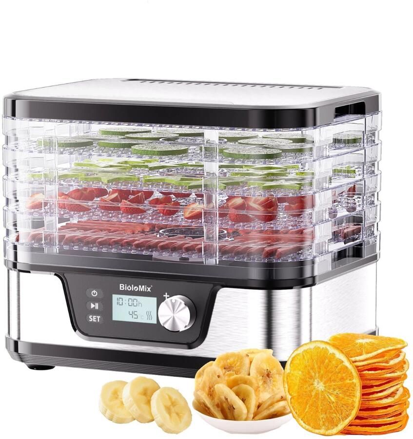 Noordvale Voedseldroger Dehydrator fruitdroger 5 Laags met Digitale Timer met Temperatuurregeling BPA-vrij Zilver